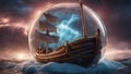 ship in the sea highly intricately detailed Wooden boat in a stormy sea inside a snow globe surrounded by lightning