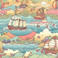 ship sea hot air balloon pattern scrapbooking naturecore multicolored in the style of naturalistic