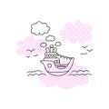Ship in sea illustration with black line on white background. Cute ship in sea print for girl. Royalty Free Stock Photo