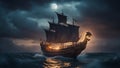 ship in the sea at night A magical boat sailing on a stormy sea, with a glowing lantern and a dragon Royalty Free Stock Photo