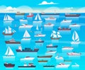 Ship in sea. Sailing boats and passenger cruise ship travel in ocean cargo submarine and yacht vector background cartoon