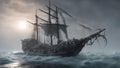 ship in the sea A scary sail boat in a sea , with fog, . Royalty Free Stock Photo