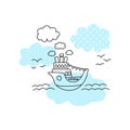 Ship in sea vector illustration with black line on white background. Cute ship in sea print for boy.