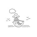 Ship in sea vector illustration with black line on white background. Ocean liner cute handdrawn doodle.