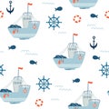 Ship Seamless Pattern. Marine Background with fishing Ship, fish, anchor, steering wheel and waves. Royalty Free Stock Photo