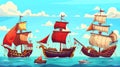 Ship set isolated on black background. Modern cartoon illustration of tourist cruise ship, vintage sailboat with red Royalty Free Stock Photo