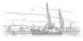 Ship in shipyard linear illustration.