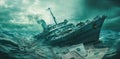 ship sinks into the ocean with bills and cash on ocean with dark sea Royalty Free Stock Photo