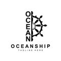 Ship Steering Logo, Ocean Icons Ship Steering Vector With Ocean Waves, Sailboat Anchor And Rope, Company Brand Sailing Design