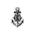Ship steering wheel and anchor. Black icon, logo element, flat vector illustration isolated on white background Royalty Free Stock Photo