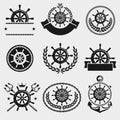 Ship steering wheel label and element set. Vector