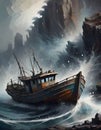 Ship in Storm, Battling Massive Waves, Overcast Sky, Generative AI