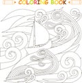 Ship in storm in the ocean, coloring page vector
