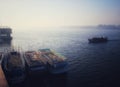 A ship striving in the fog to the shore along the Nile River