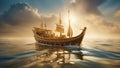 ship in the sunset A fantasy boat in calm waters with a sunny sky . The concept is reward