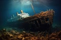 Ship Surrounded by Vast Ocean Debris, Titanic shipwreck lying silently on the ocean floor, showcasing the immense scale of the Royalty Free Stock Photo