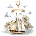 Ship on tropical island watercolor illustration. Boat, sailboat at sea. Palm trees and seagulls and a hot air balloon Royalty Free Stock Photo