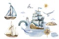 Ship watercolor.ship.children`s dreams.dream.clouds, underwater world.Adventure.watercolor set of postcards