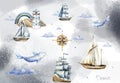 Ship watercolor.ship.children's dreams.dream.clouds, underwater world.Adventure.watercolor set of postcards