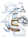 Ship watercolor.ship.children's dreams.dream.clouds, underwater world.Adventure.watercolor set of postcards