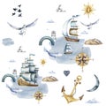 Ship watercolor clipart isolated on white background. Boat, navigation. Children's dreams, sea holidays. Adventure