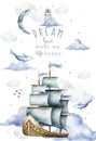 Ship watercolor.ship.children's dreams.dream.clouds, underwater world.Adventure.watercolor set of postcards