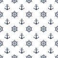 Ship wheel and anchor blue vector seamless pattern. Nautical pattern.