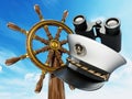 Ship wheel and captain hat against blue sky background. 3D illustration