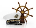 Ship wheel and captain hat isolated on white background. 3D illustration Royalty Free Stock Photo
