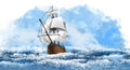 A ship with white sails on the waves of the sea, the ocean. Marine background, illustration of a ship.