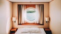 Ship Window In Craft Cabin With Bed. View On Sea. Luxury Cabin On Ferry Boat Or Cruise Liner. Sea Cruise Vacation Trip Royalty Free Stock Photo