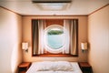 Ship Window In Craft Cabin With Bed. View On Sea. Luxury Cabin On Ferry Boat Or Cruise Liner. Sea Cruise Vacation Trip Royalty Free Stock Photo