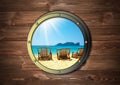 The Ship Window With Tropical Sea Or Ocean Island. Travel And Adventure Concept.