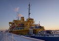 the ship is in winter parking in the port of Arkhangelsk Royalty Free Stock Photo