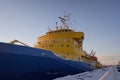 the ship is in winter parking in the port of Arkhangelsk Royalty Free Stock Photo