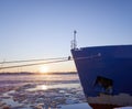 the ship is in winter parking in the port of Arkhangelsk Royalty Free Stock Photo