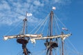 Ship wooden mast and rigging on an old galleon navy vessel Royalty Free Stock Photo