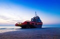 Ship Wreck along the Umm Al Quwain Coast in UAE. A stranded or abandoned vessel on the beach.