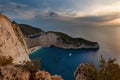 Ship Wreck beach and Navagio bay at sunset. The most famous natural landmark of Zakynthos, Greek island in the Ionian Sea. Royalty Free Stock Photo