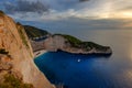 Ship Wreck beach and Navagio bay at sunset. The most famous natural landmark of Zakynthos, Greek island in the Ionian Sea. Royalty Free Stock Photo