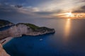 Ship Wreck beach and Navagio bay at sunset. The most famous natural landmark of Zakynthos, Greek island in the Ionian Sea. Royalty Free Stock Photo