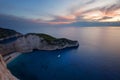 Ship Wreck beach and Navagio bay at sunset. The most famous natural landmark of Zakynthos, Greek island in the Ionian Sea. Royalty Free Stock Photo