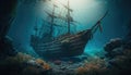 ship wreck in the sea. Pirate boat under the ocean. Decaying remains with coral reefs and masts. Royalty Free Stock Photo