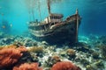 Ship wreck in the sea. Pirate boat under the ocean illustration. AI generative
