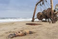 Ship wrecked and buried and abandoned on the coast of the Namibe Desert. Africa, Angola.