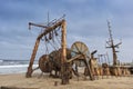 Ship wrecked and buried and abandoned on the coast of the Namibe Desert. Africa, Angola.