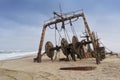 Ship wrecked and buried and abandoned on the coast of the Namibe Desert. Africa, Angola.