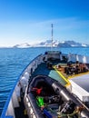 Ship& x27;s deck with zodiac boat, heading to Antarctic continent