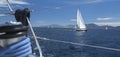 Ship yachts with white sails in the open Sea. Luxury boats. Royalty Free Stock Photo