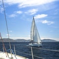 Ship yachts with white sails in the open Sea. Sailing. Royalty Free Stock Photo